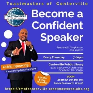 Toastmasters of Centerville meets every Thursday night at 7:00 pm in person and online on zoom. 

Improve your public speaking and leadership development skills